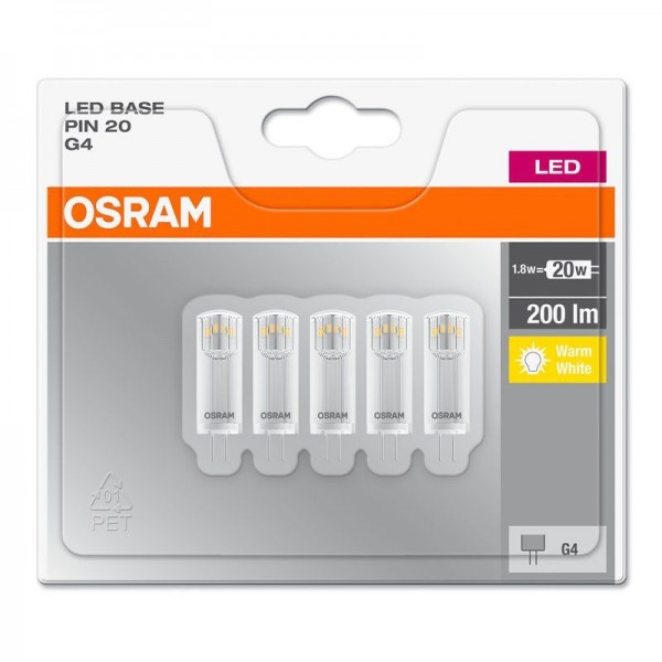 SONDERPOSTEN - Osram LED Base Classic PIN 1,8-20W/827 G4 klar 300° 200lm warmweiß nicht dimmbar 5er Blister