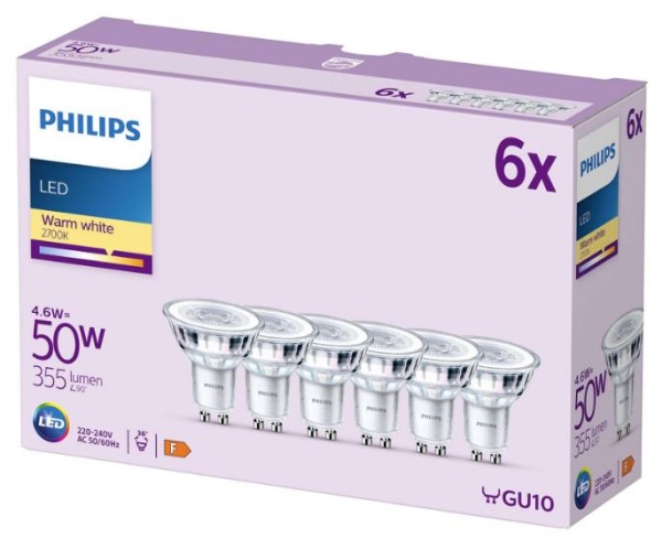 Philips LED LED Spot PAR16 klar 36° 4,6-50W/827 warmweiß 355lm GU10 220-240V 6er Pack