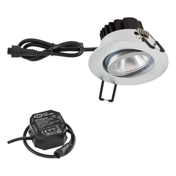 EVN Power-LED Leuchte inkl.Netzgerät Chrom matt schwenkbar rund 83x48,5mm 6W 4000K 683lm 21-40° 220-240V IP65