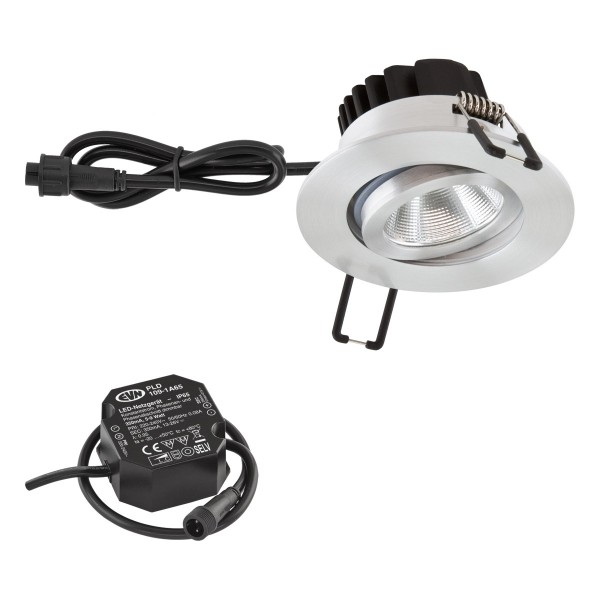 EVN Power-LED Leuchte inkl.Netzgerät Aluminium poliert schwenkbar rund 83x48,5mm 6W 3000K 620lm 21-40° 220-240V IP65