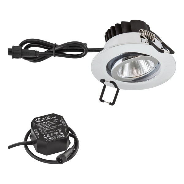 EVN Power-LED Leuchte inkl.Netzgerät Chrom schwenkbar rund 83x48,5mm 6W 3000K 620lm 21-40° 220-240V IP65