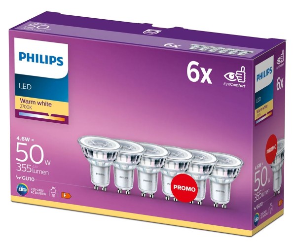 Philips LED LED Spot PAR16 klar 36° EyeComfort 4,6-50W/827 warmweiß 355lm GU10 220-240V 6er Pack