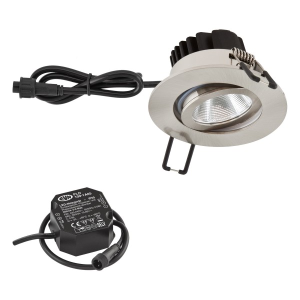 EVN Power-LED Leuchte inkl.Netzgerät Edelstahl Optik schwenkbar rund 83x48,5mm 6W 4000K 683lm 21-40° 220-240V IP65