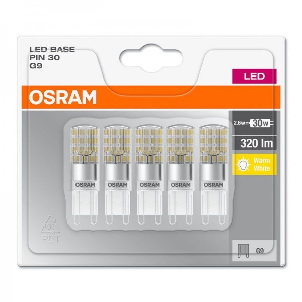 Osram LED Base Classic PIN 2,6-30W/827 G9 klar 300° 320lm warmweiß nicht dimmbar 5er Blister - Sonderposten